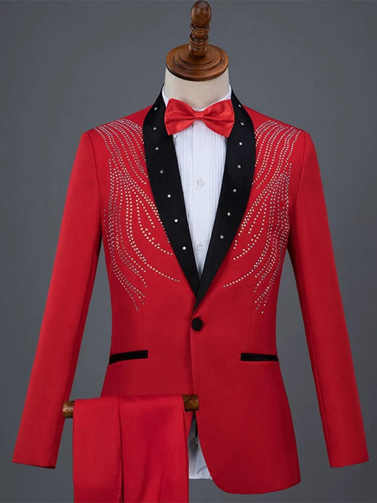Men's diamond sequined performance suit with formal chorus design, featuring sparkling decorations for stage singing or hosting.