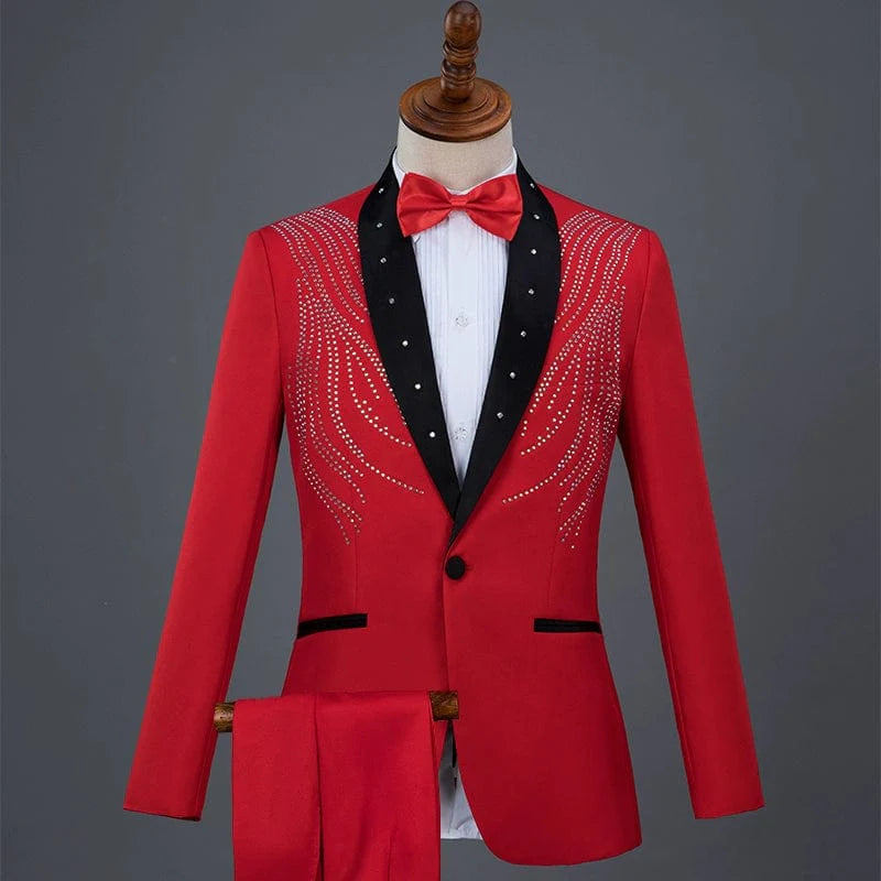 Men's diamond sequined performance suit by Showlu Fashion, formal chorus costume with sparkling decorations for stage performances.