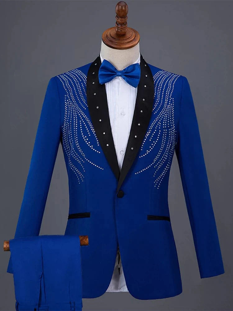 Men's diamond sequined performance suit by Showlu Fashion, designed for chorus singers and hosts, featuring sparkling decorative details.