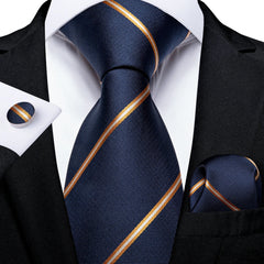 DiBanGu Top Navy Blue Solid Tie for Men 100% Silk Men's Tie Hanky Cufflinks Neck Tie Suit Business Wedding Party Tie Set MJ - 7140 - SHOWLU FASHION STORE