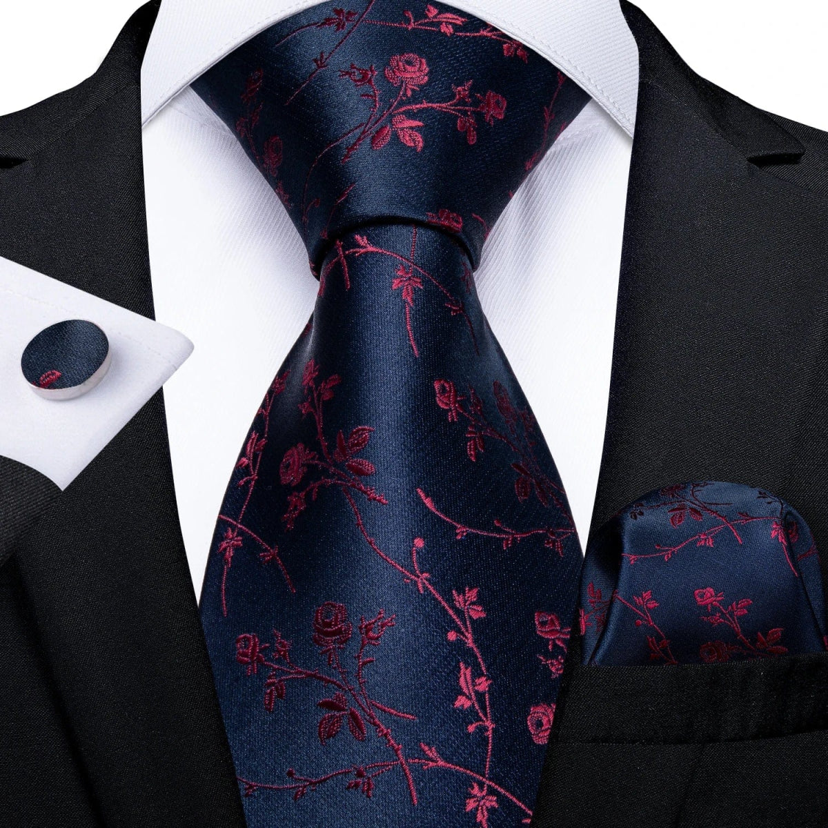 DiBanGu Top Navy Blue Solid Tie for Men 100% Silk Men's Tie Hanky Cufflinks Neck Tie Suit Business Wedding Party Tie Set MJ - 7140 - SHOWLU FASHION STORE