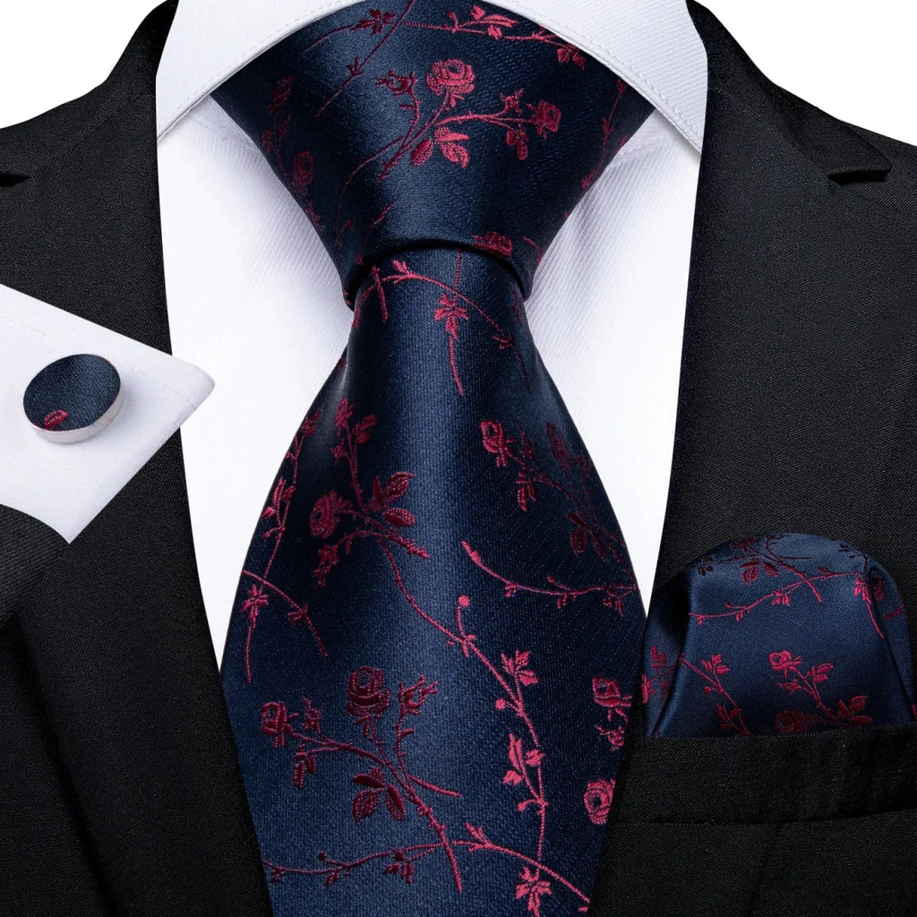 DiBanGu navy blue silk tie set for men including cufflinks, pocket square, and matching necktie for business or wedding occasions