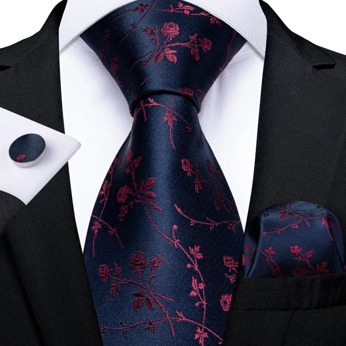 DiBanGu navy blue silk tie set for men including cufflinks, pocket square, and matching necktie for business or wedding occasions