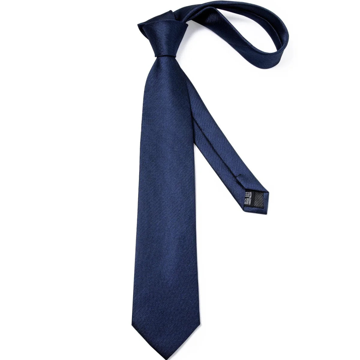 Navy blue solid silk tie set for men including necktie, cufflinks, and matching pocket square, perfect for business or weddings.