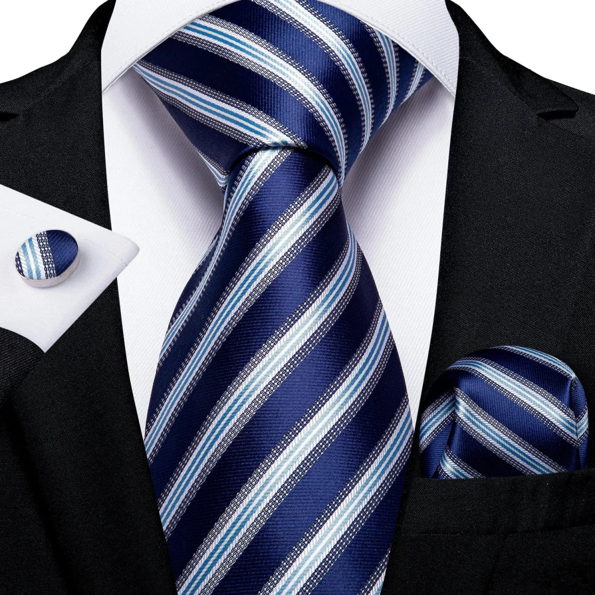 Navy blue solid silk tie set for men with matching cufflinks and pocket square, perfect for business or wedding attire.