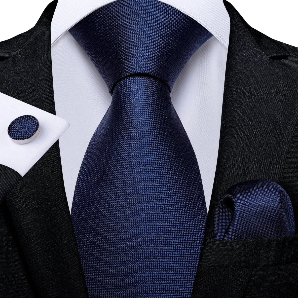 Navy blue silk tie set for men with matching cufflinks and pocket square, elegant business and wedding accessory by DiBanGu.