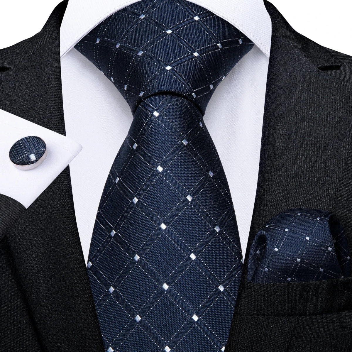 Navy blue silk tie set for men with matching cufflinks and pocket square, elegant business or wedding accessory by DiBanGu.