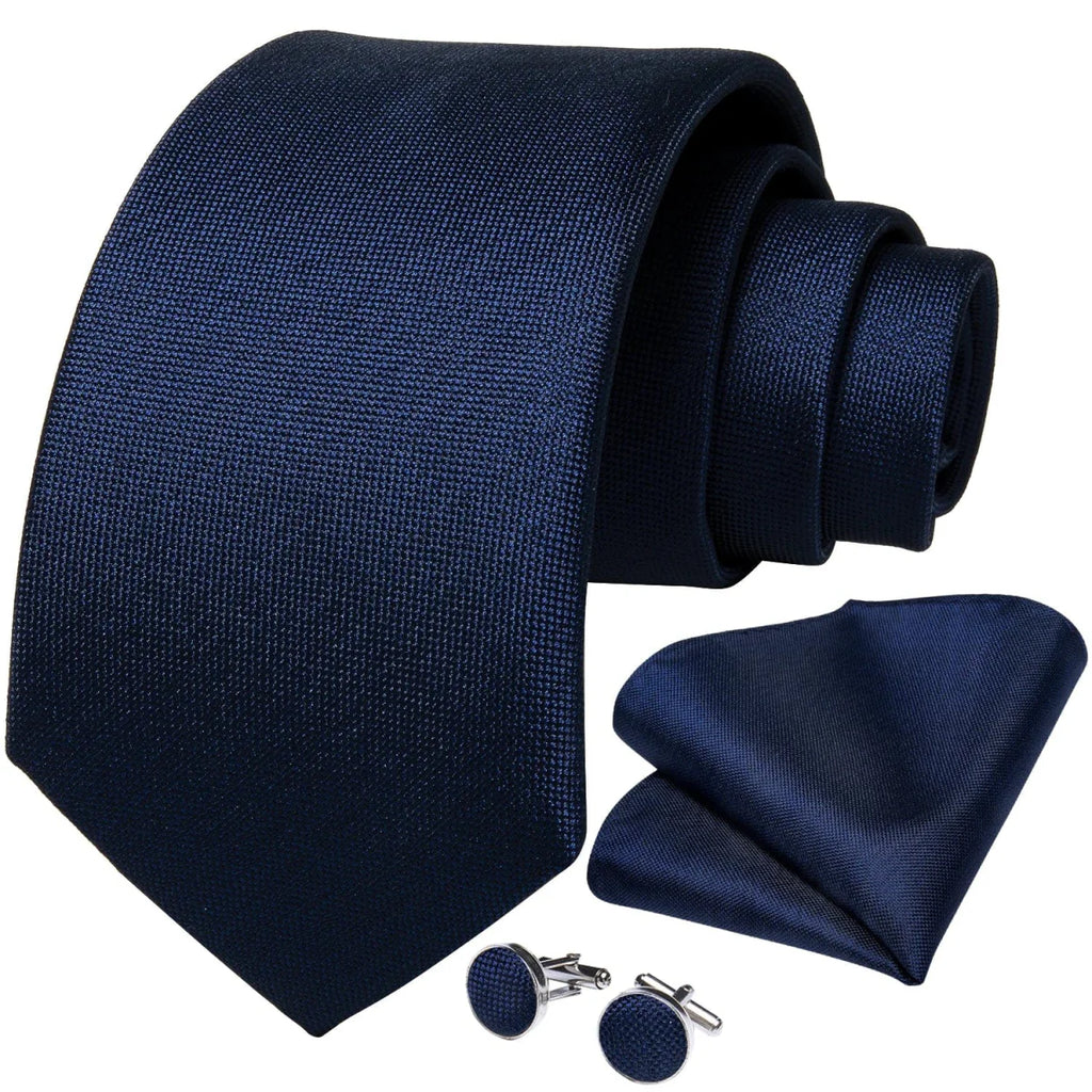 Navy blue silk tie set for men with matching cufflinks and pocket square, elegant business or wedding accessory by DiBanGu.