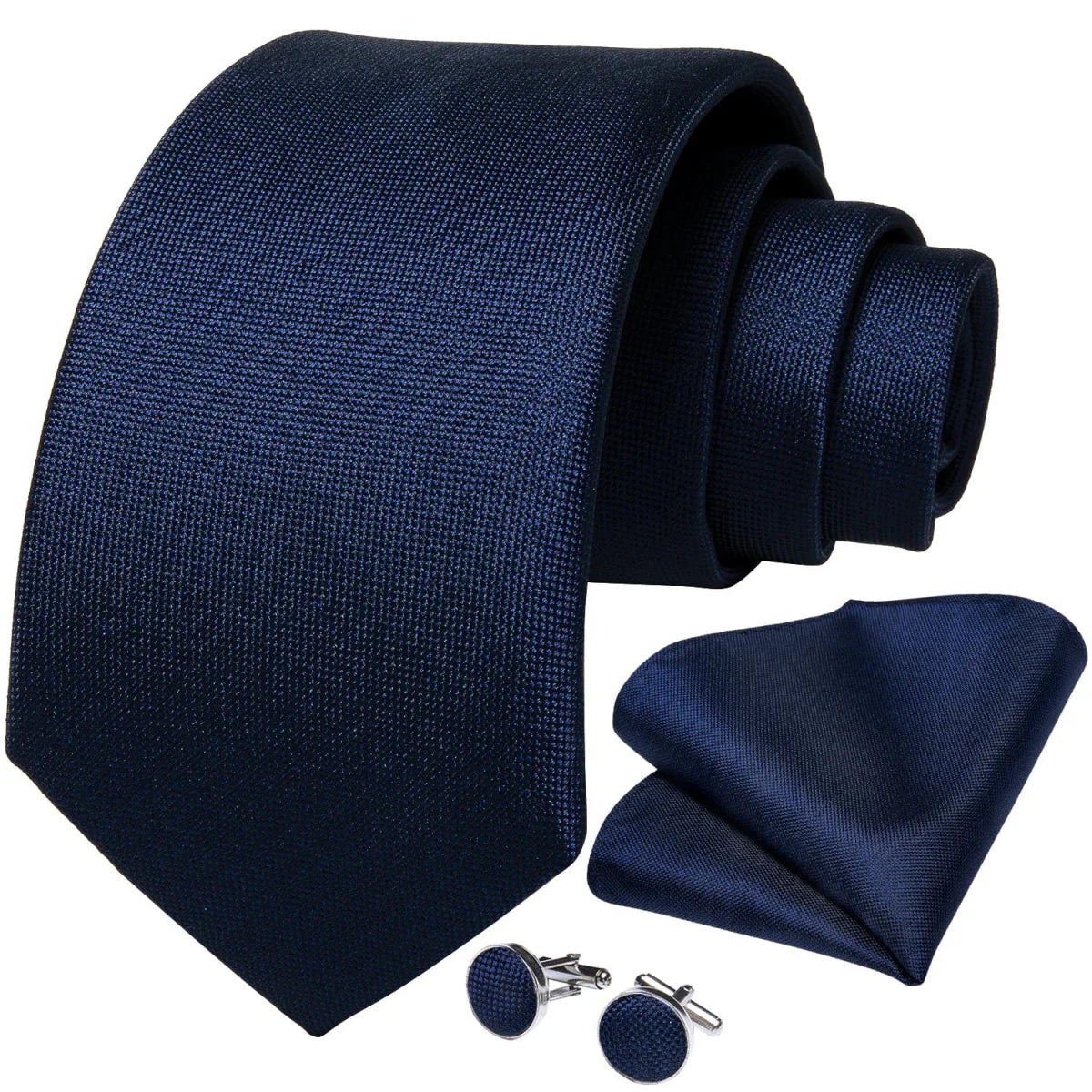 Navy blue silk tie set for men with matching cufflinks and pocket square, elegant business or wedding accessory by DiBanGu.