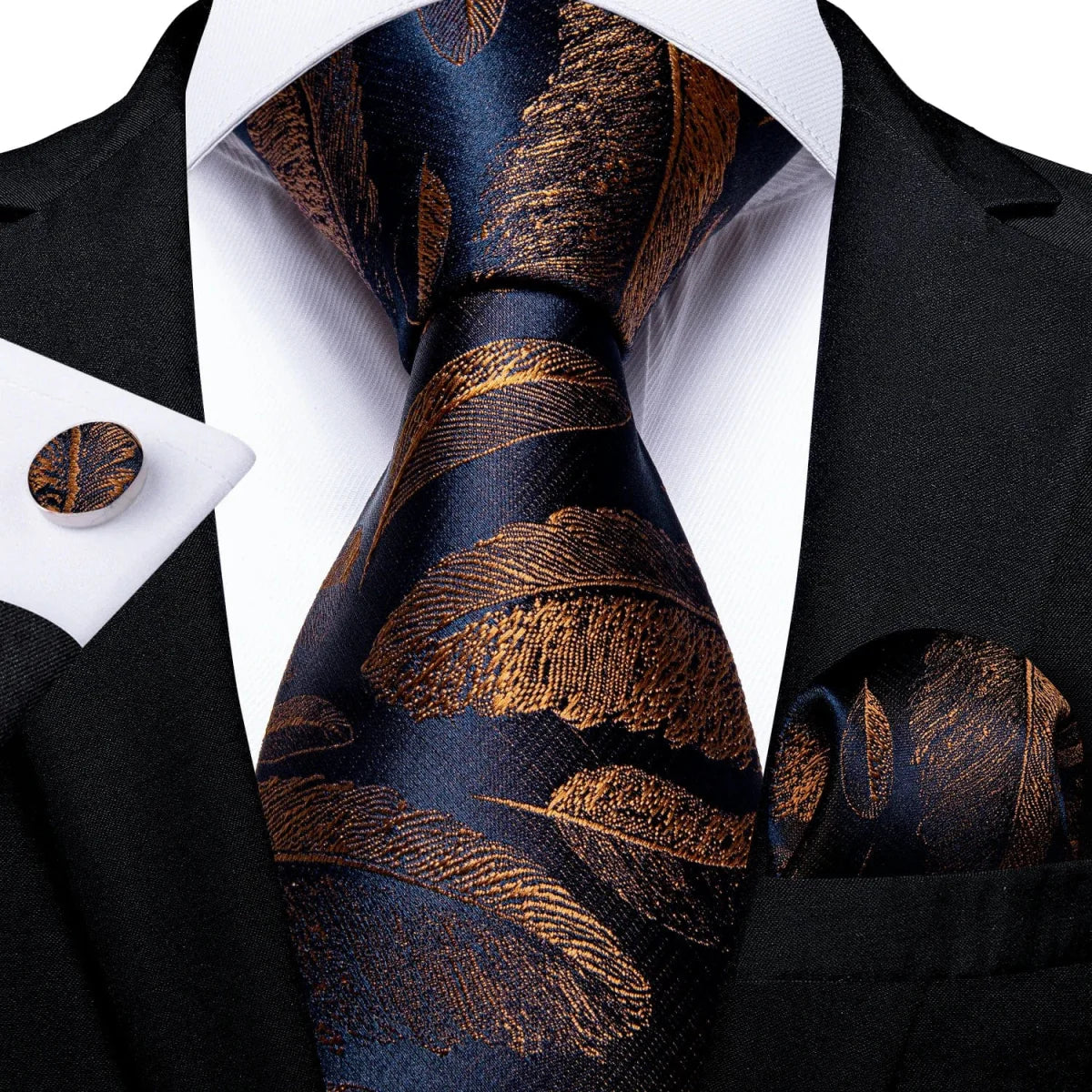 Navy blue solid silk tie set for men with cufflinks, includes matching pocket square, ideal for business or wedding attire.