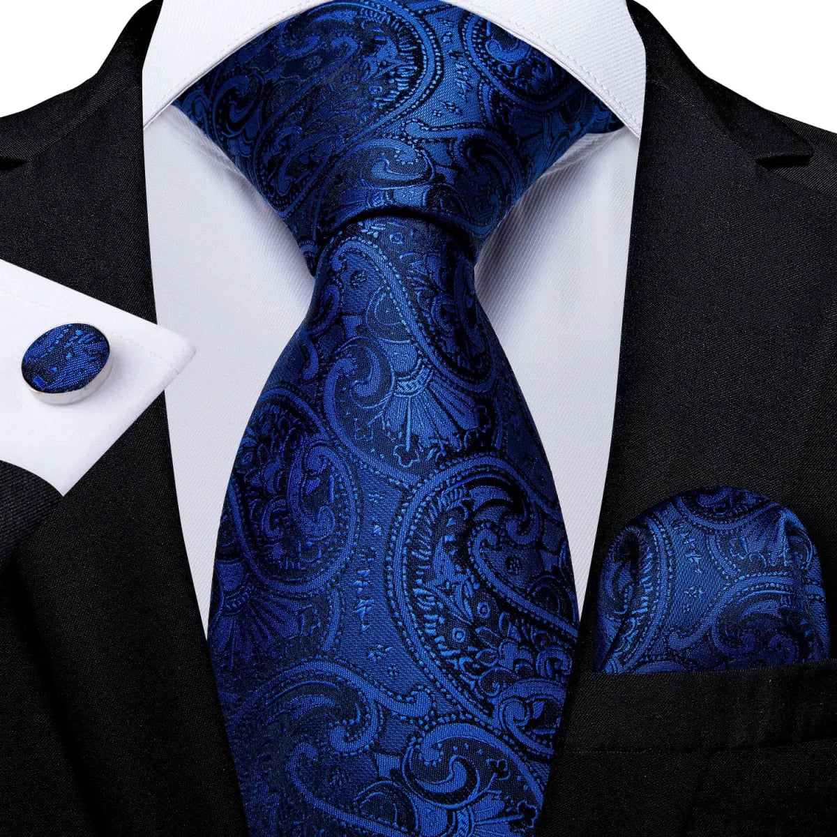 Navy blue silk tie set for men with matching cufflinks, includes a silk necktie, pocket square, and tie clip for business or wedding.