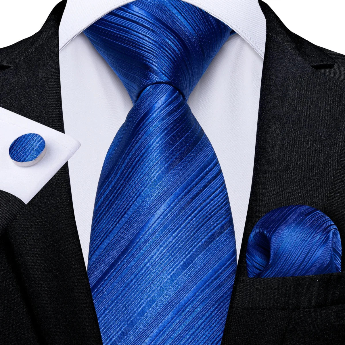 Navy blue silk tie set for men with matching cufflinks and handkerchief, ideal for business or wedding attire.