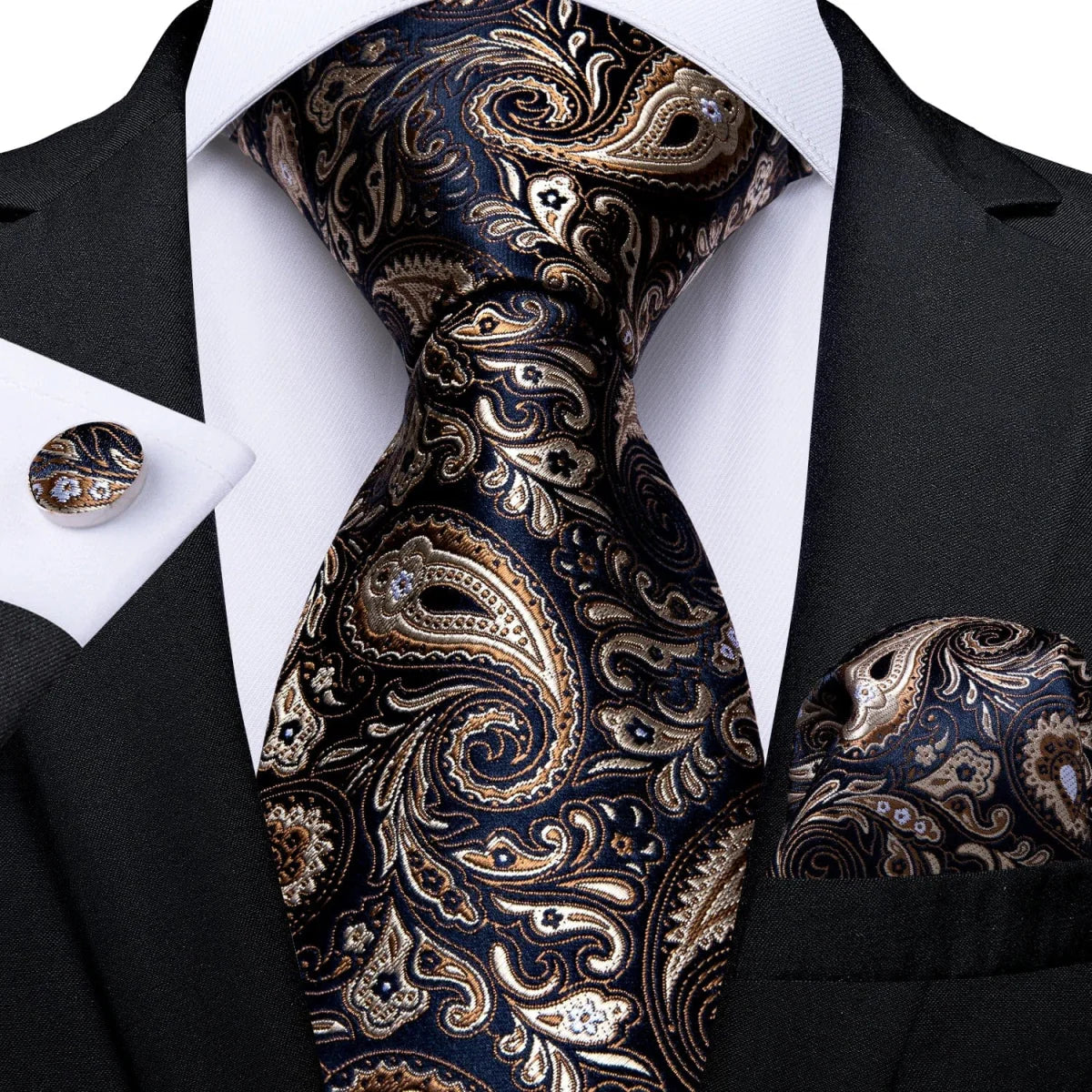Navy blue solid silk tie set for men with matching cufflinks and pocket square, perfect for business, wedding, or formal events.