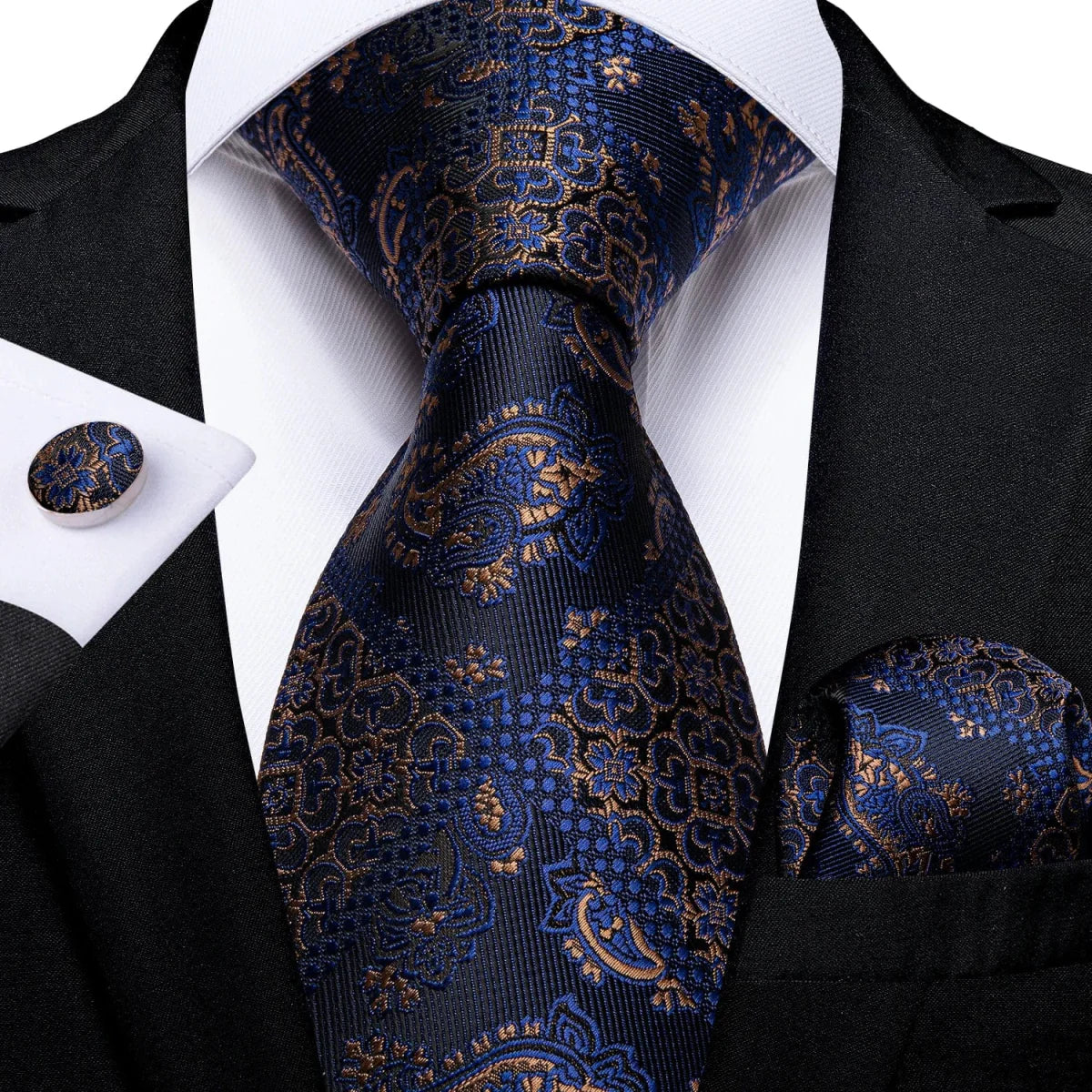 Navy blue silk tie set for men featuring cufflinks and matching pocket square, perfect for business, wedding, or formal occasions.