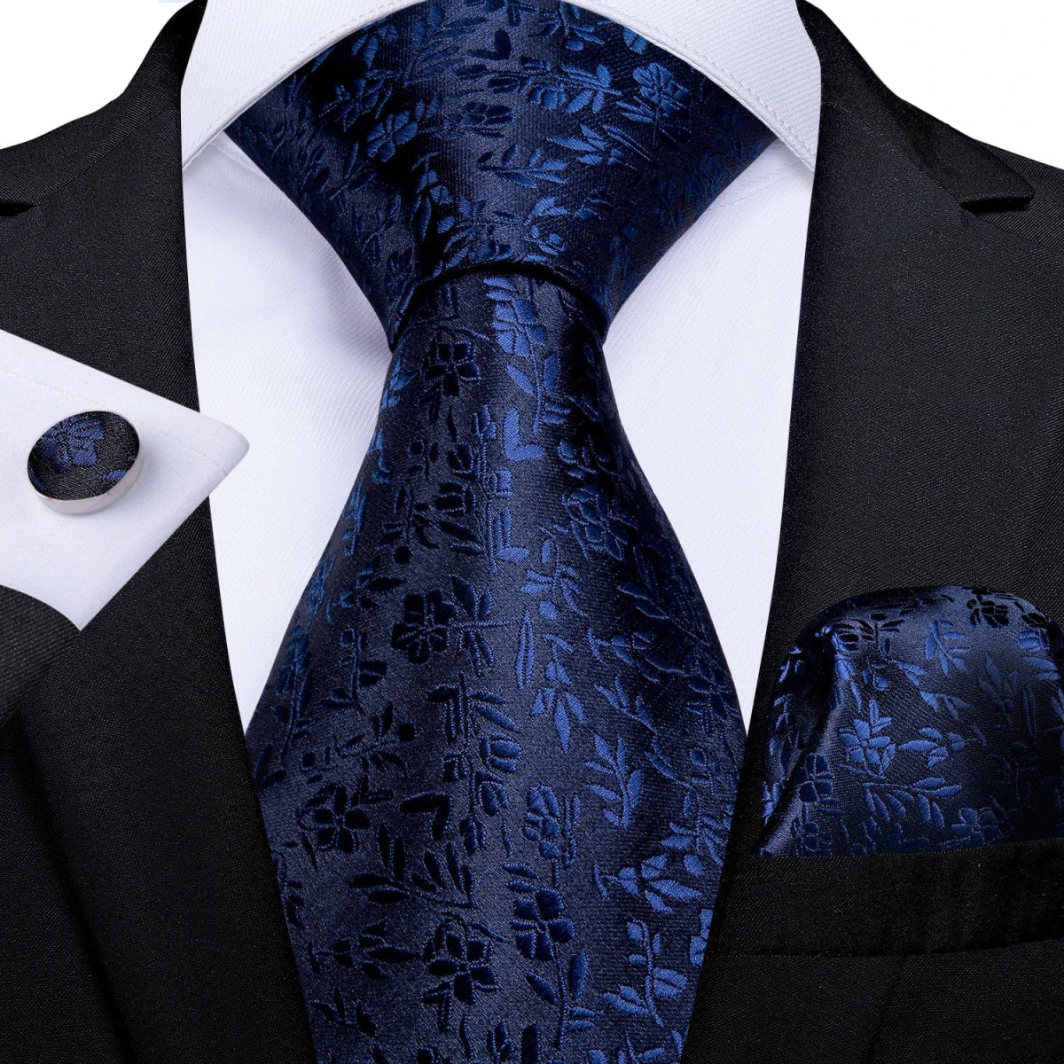 DiBanGu Top Navy Blue Solid Tie for Men 100% Silk Men's Tie Hanky Cufflinks Neck Tie Suit Business Wedding Party Tie Set MJ - 7140 - SHOWLU FASHION STORE