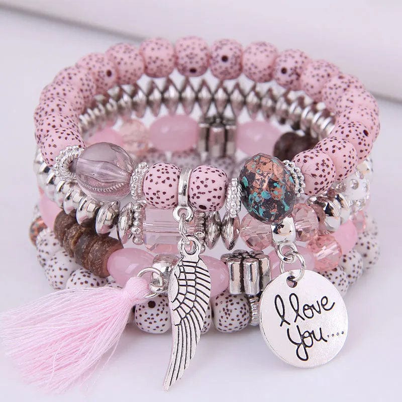 DIEZI Bohemian pink crystal beaded bracelet with tassel wing design, elastic fit for women and girls, stylish and colorful accessory