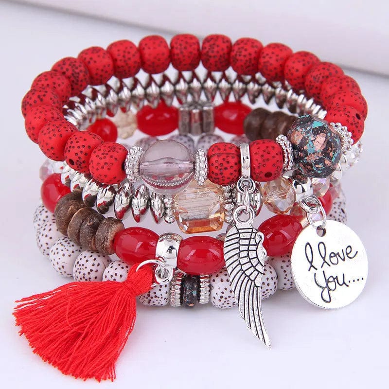 DIEZI Bohemian pink crystal bead bracelet with elastic tassel wing design for women, featuring multicolor beads and decorative letters