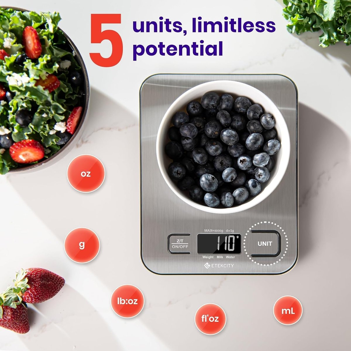 Showlu Digital Kitchen Scale with 304 stainless steel platform, LCD display, measures up to 5kg in grams and ounces for cooking.
