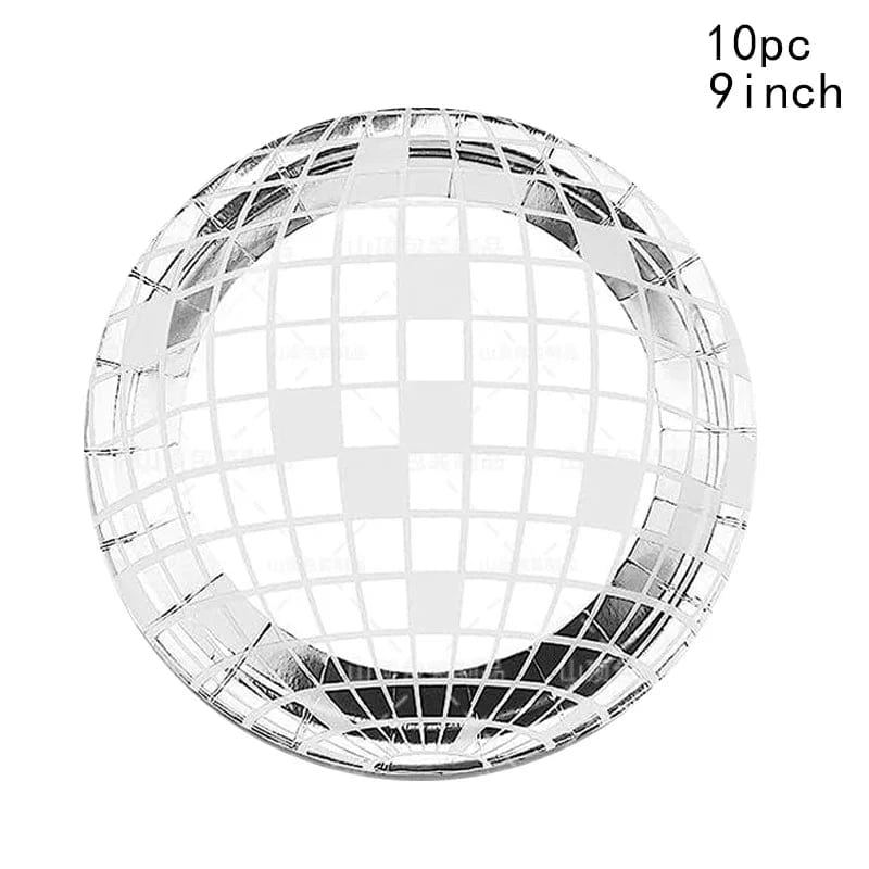 Showlu Disco Ball Tableware Set with black and silver plates, napkins, and cups for disco-themed parties and celebrations.
