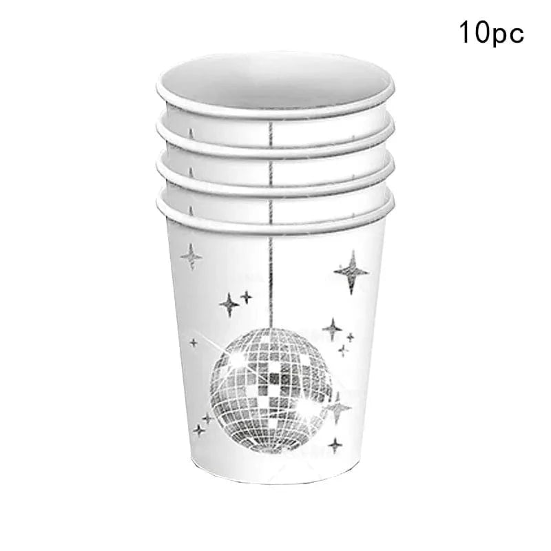 Showlu Disco Ball Tableware Set with black and silver plates, napkins, and cups for party or celebration decor.