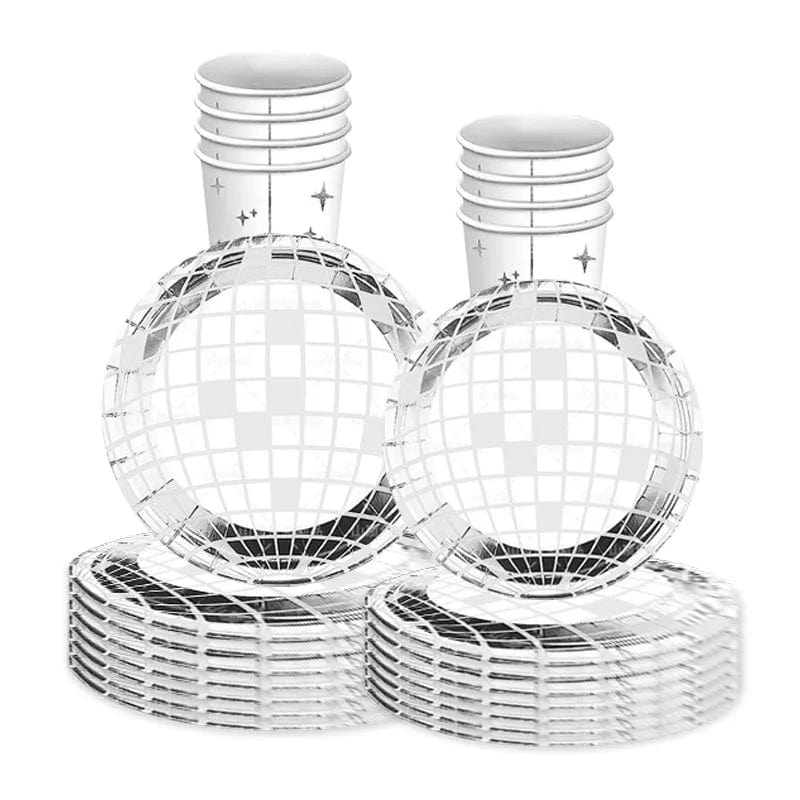 Showlu Disco Ball Tableware Set with black and silver plates, napkins, and cups for party or wedding celebrations