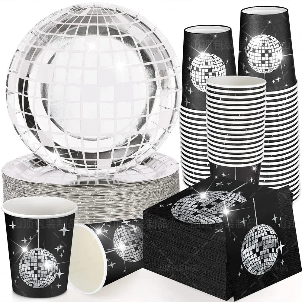 Showlu Disco Ball Tableware Set with black and silver plates, napkins, and cups for party and wedding celebration decor.
