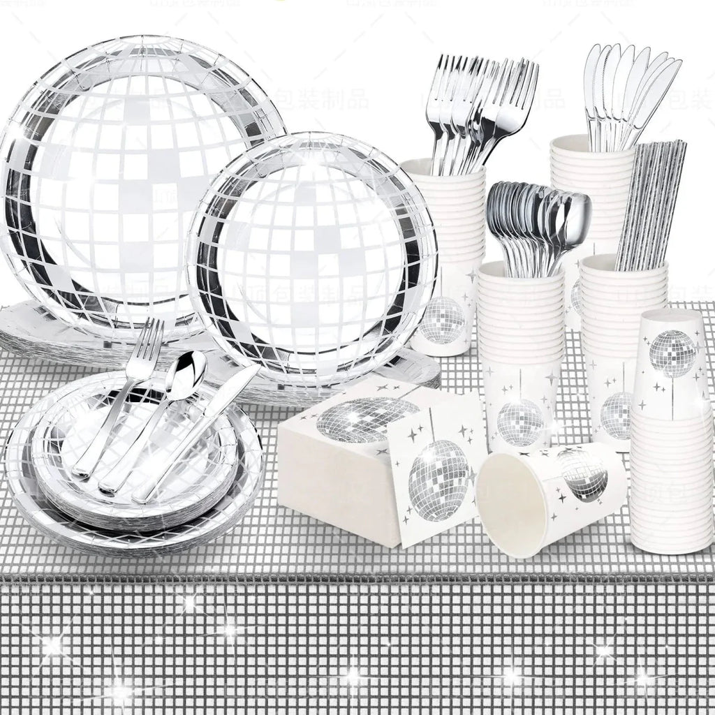 Showlu Disco Ball tableware set with black and silver plates, napkins, and cups for party and wedding decor.