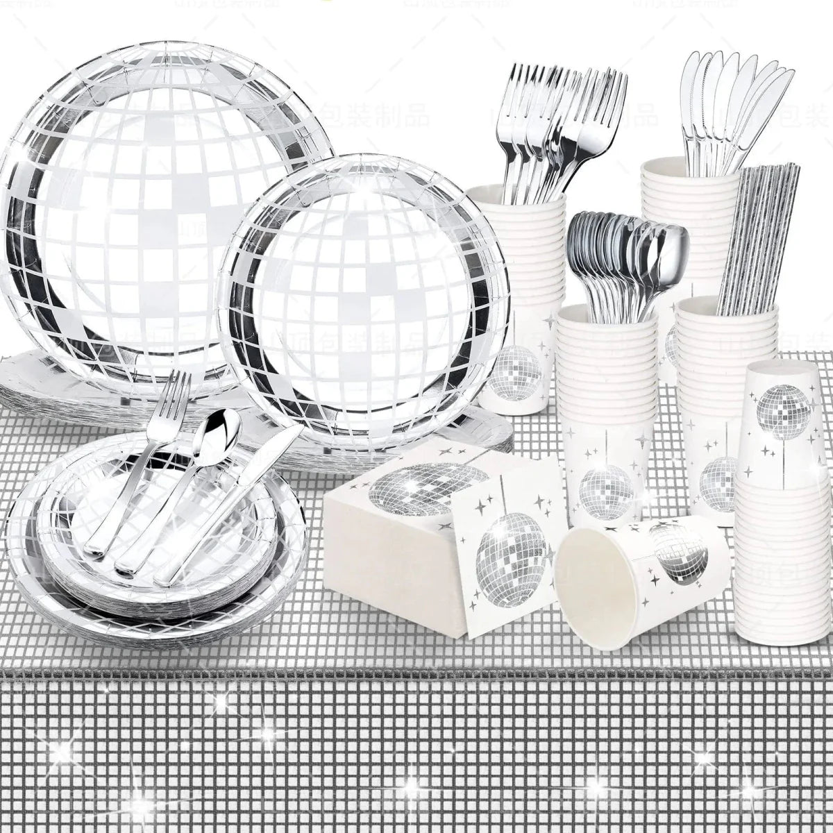 Showlu Disco Ball tableware set with black and silver plates, napkins, and cups for party and wedding decor.