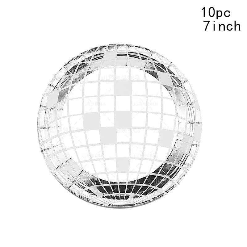 Showlu Disco Ball Tableware Set with black and silver plates, napkins, and cups for party and wedding celebrations.