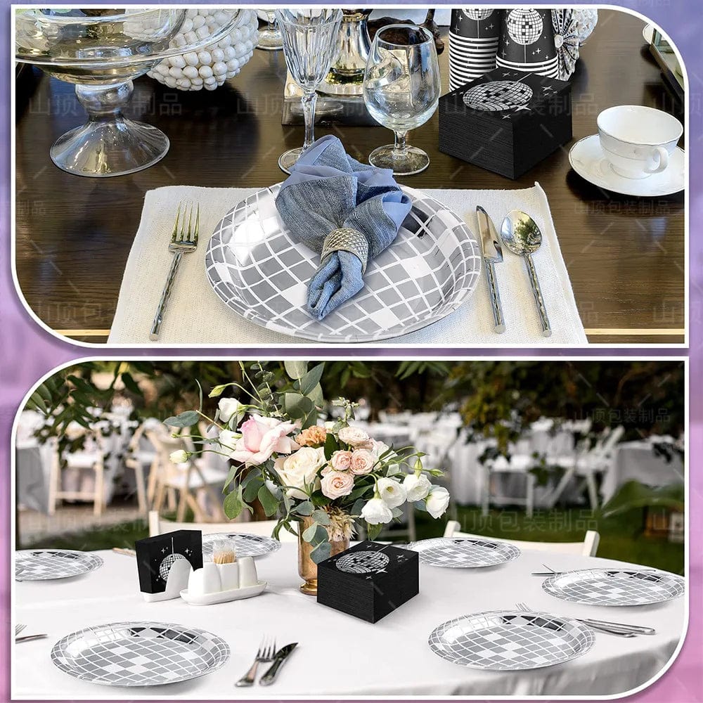 Showlu Disco Ball Tableware Set with black and silver plates, napkins, and cups for party and wedding celebrations