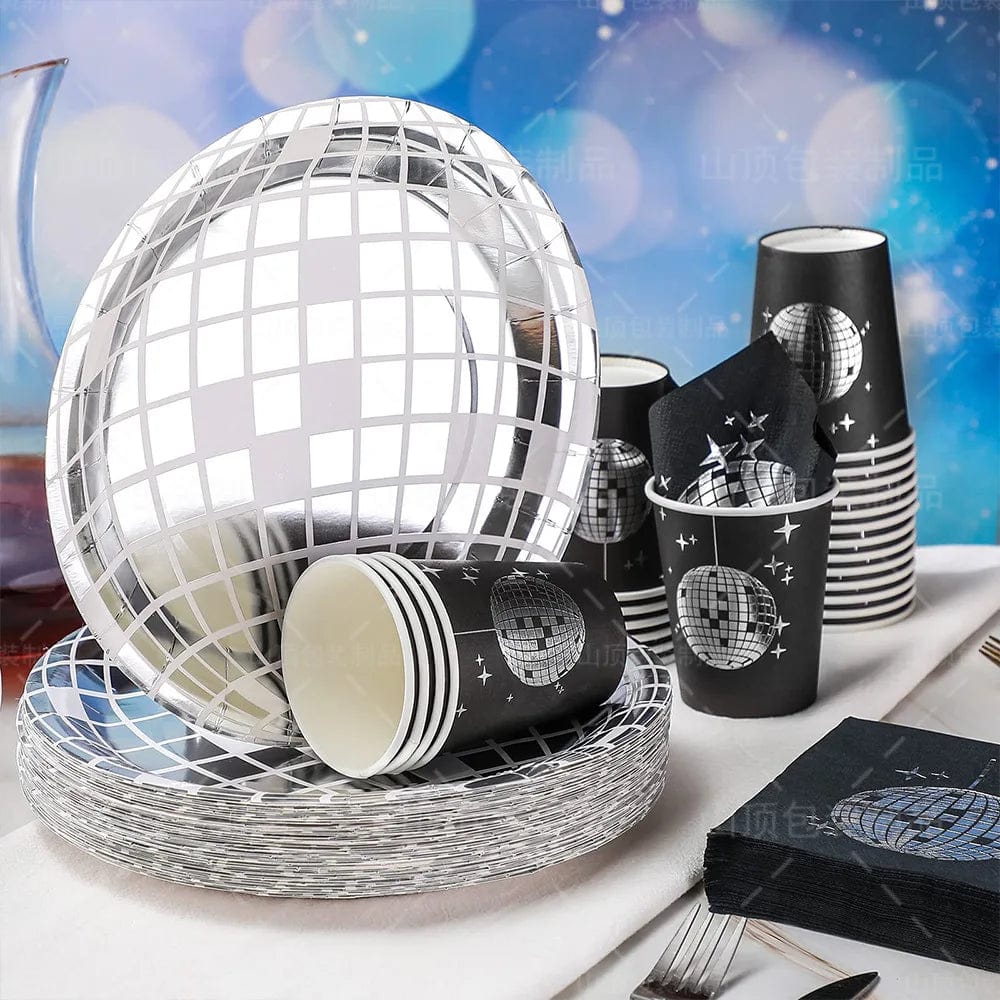 Showlu Disco Ball Tableware Set with black and silver plates, napkins, and cups for party or wedding celebration decor.