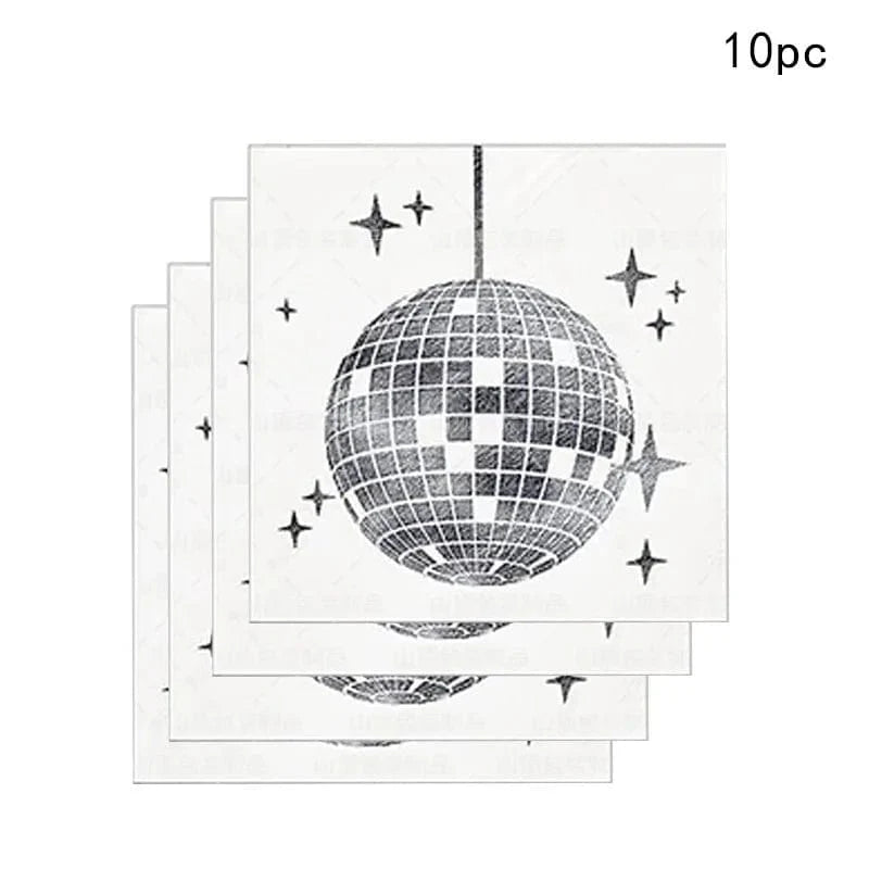Showlu Disco Ball Tableware Set with black and silver plates, napkins, and cups, perfect for party or wedding celebrations.