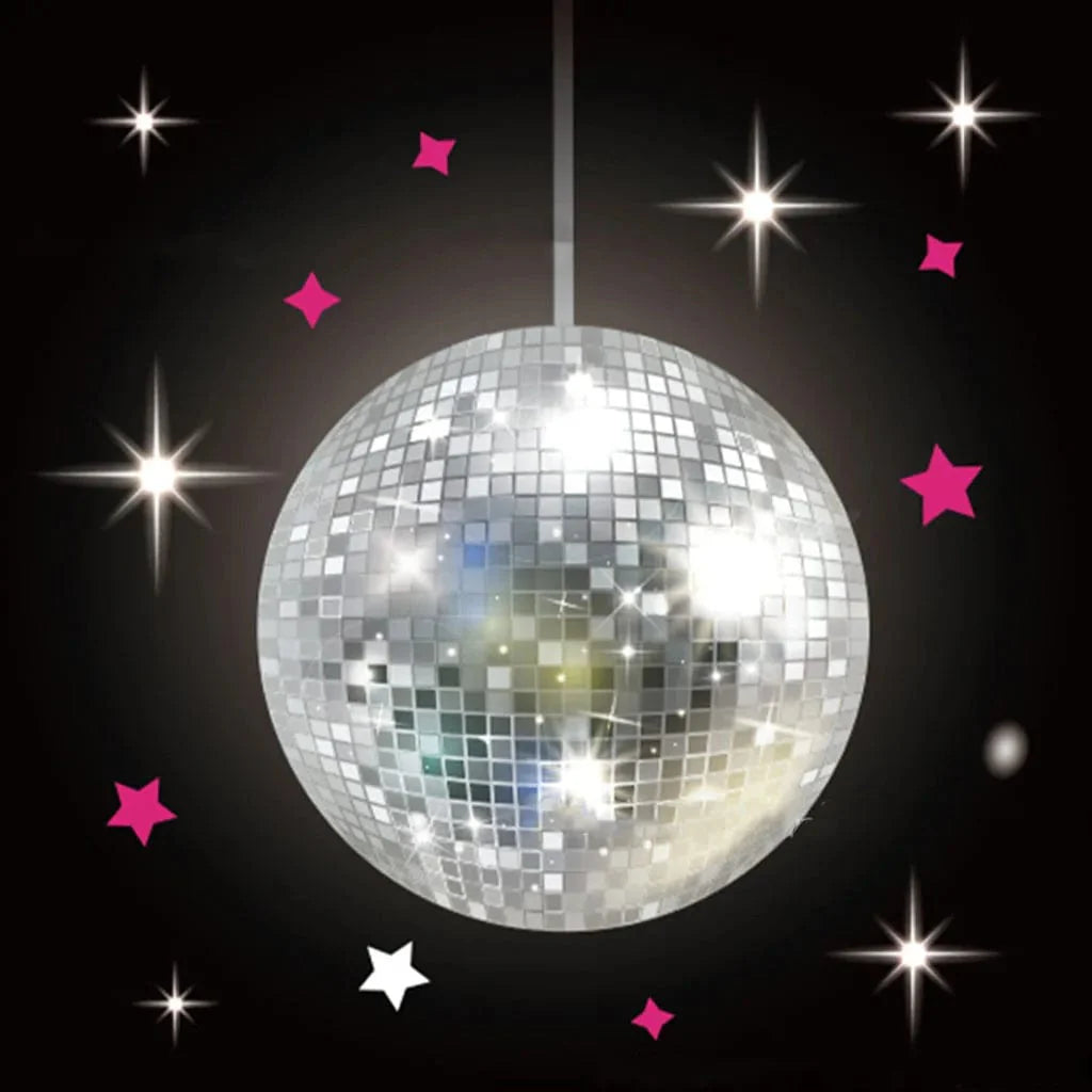 Showlu Disco Ball Tableware Set with black and silver plates, napkins, and cups for party or wedding celebration decor.