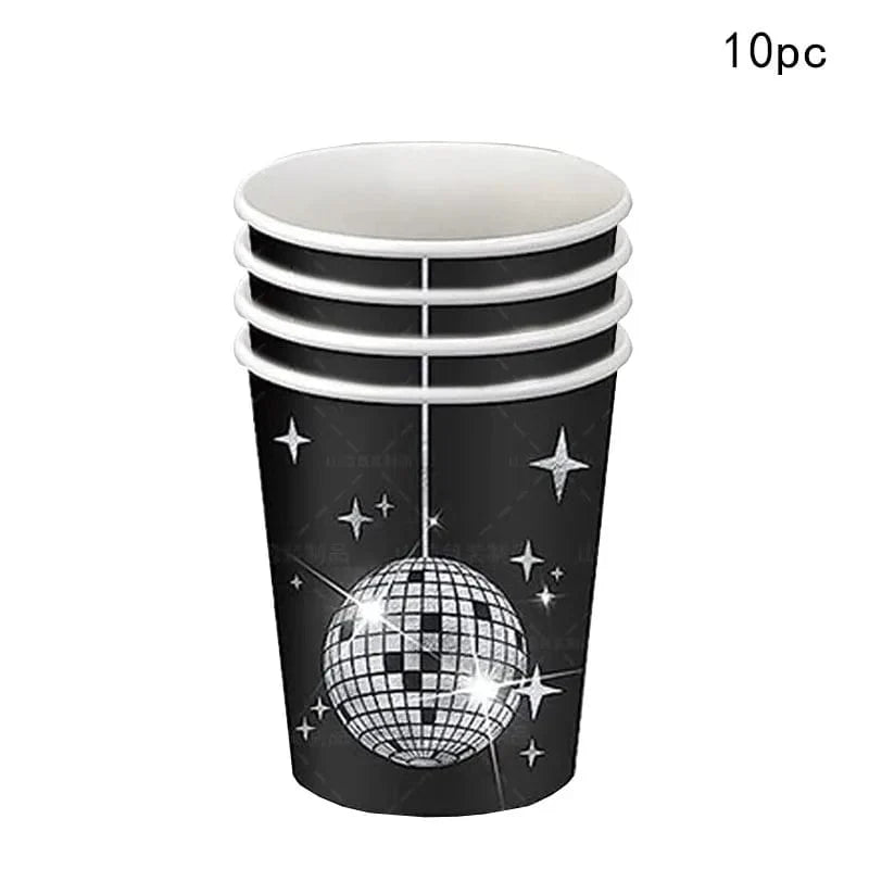 Showlu Disco Ball tableware set with black and silver plates, napkins, and cups for parties and celebrations.