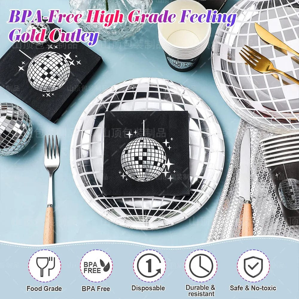 Showlu Disco Ball tableware set with black and silver party plates, napkins, and cups for festive celebrations and parties.