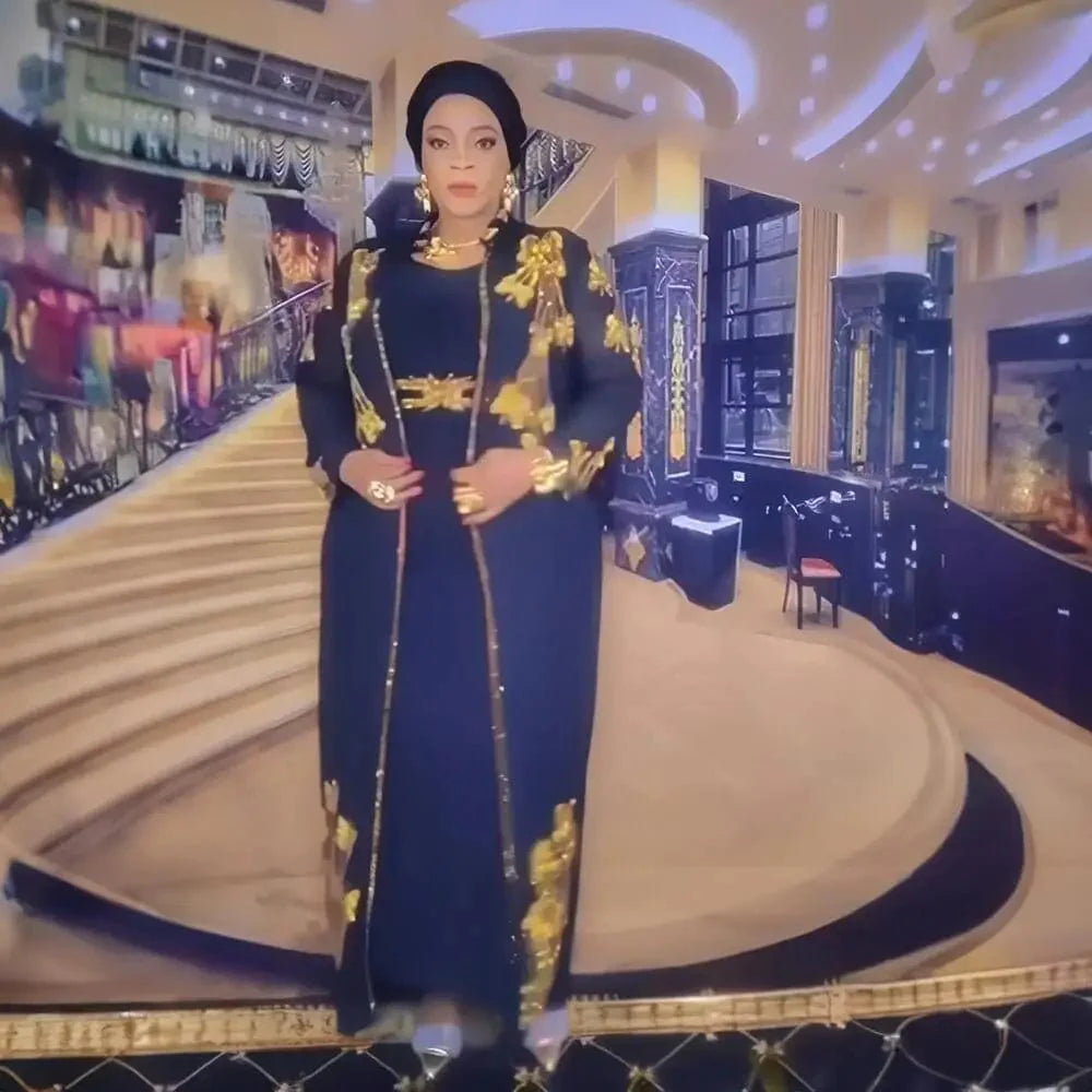 Elegant Amunyelia African long dress by SHOWLU FASHION with rhinestones, featuring a luxurious polyester suit for women.