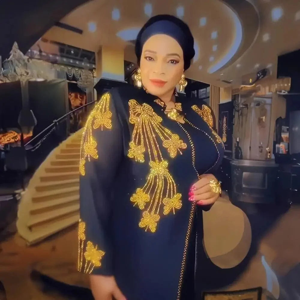 Elegant Amunyelia African long dress by SHOWLU FASHION, featuring rhinestones and luxurious polyester for women.