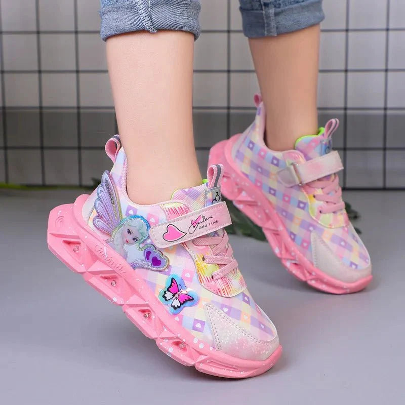 Pink Disney Frozen Elsa girls' LED light sneakers with cartoon Elsa design, pink PU leather, and sporty style for children.