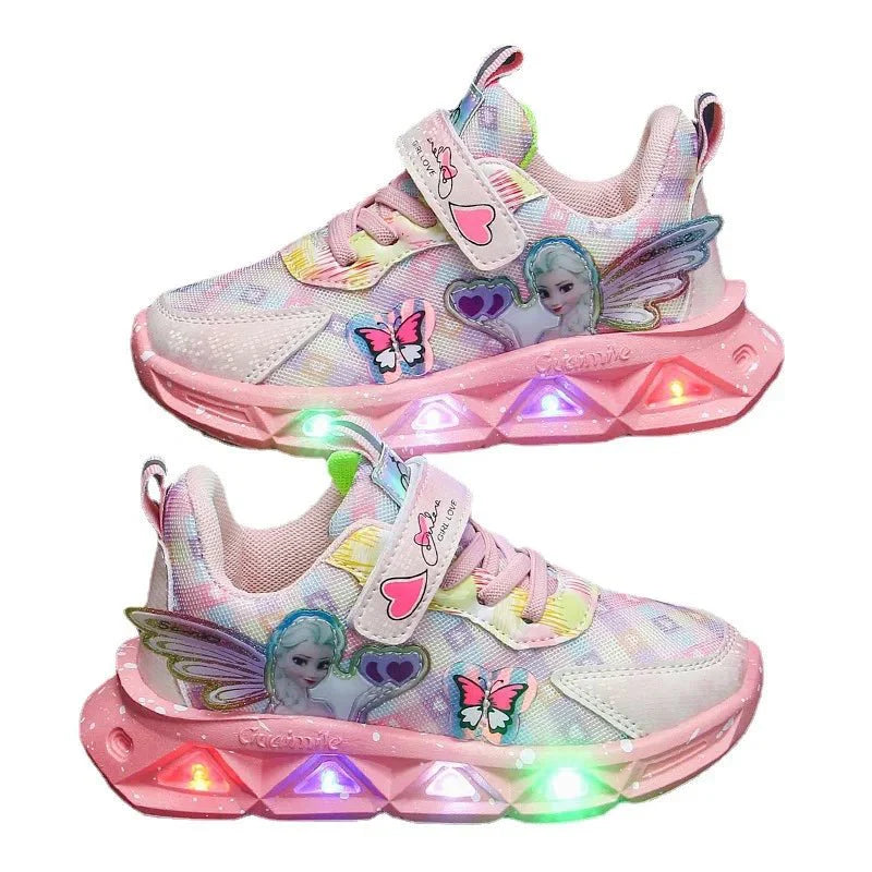 Pink Disney Frozen Elsa girls' LED light sneakers with cartoon princess design, pink PU leather, perfect for active children.