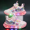 Pink Disney Frozen Elsa girls' LED light sneakers with cartoon princess Elsa design, pink PU leather, and sporty running style.