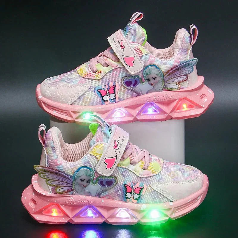 Pink Disney Frozen Elsa girls' LED light sneakers with cartoon Elsa design, pink PU leather and comfortable running shoes for children.