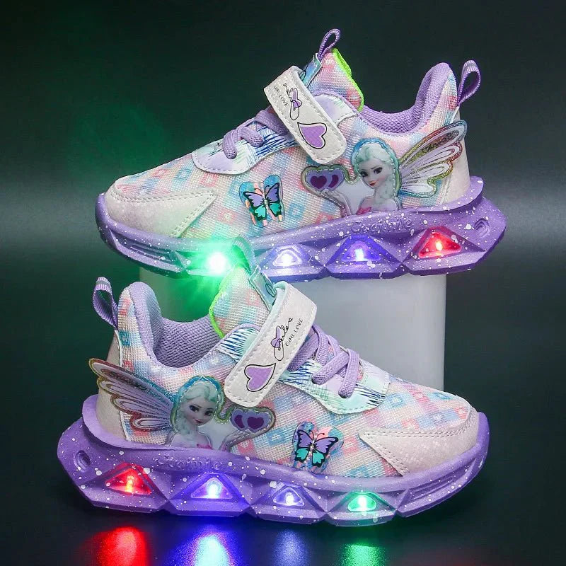 Pink Disney Frozen Elsa girls' LED light sneakers with cartoon Elsa design, pink PU leather, suitable for children’s running shoes.