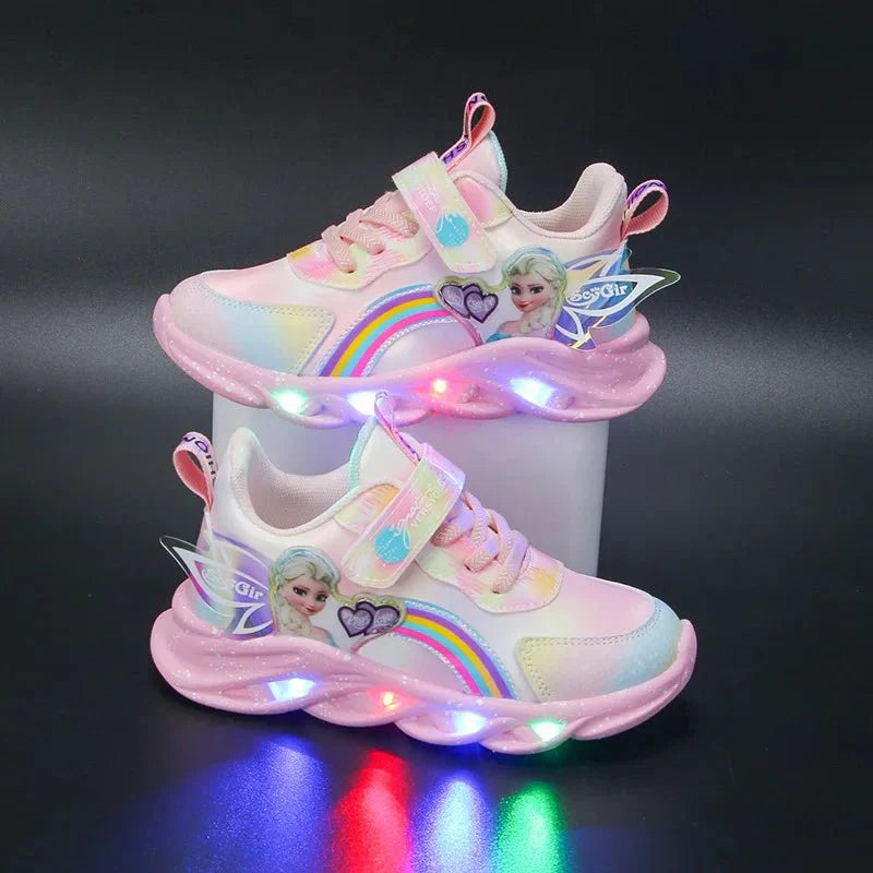 Disney Girls' Elsa LED Lighted Sneakers with pink mesh breathable material and purple accents, toddler and youth sports shoes.