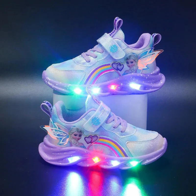 Disney Girls' Elsa LED Lighted Sneakers in pink mesh with breathable design and princess-inspired style for kids.
