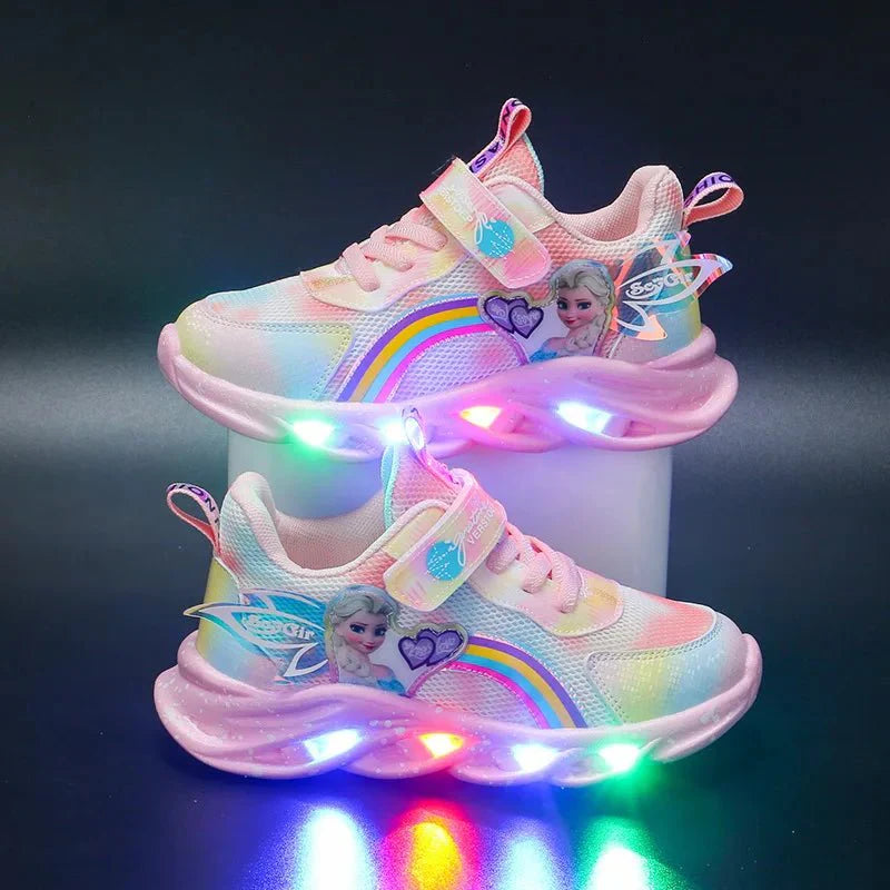 Disney Girls' Elsa LED Lighted Sneakers in pink mesh with breathable design, featuring Elsa from Frozen for children’s casual wear.