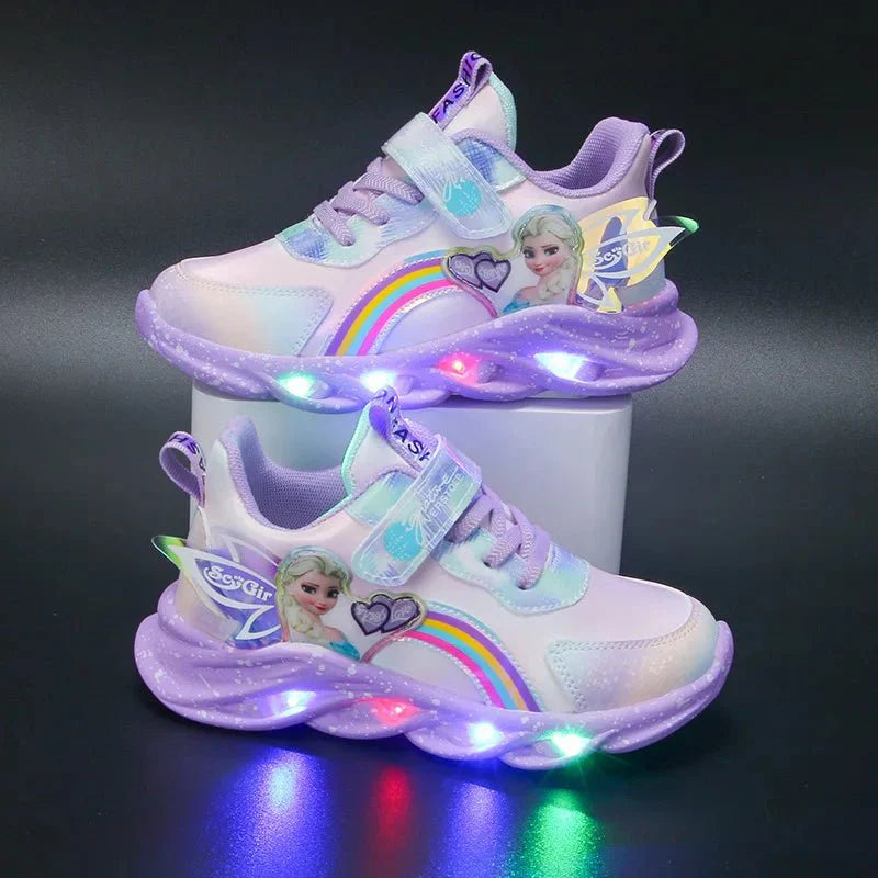 Disney Girls' Elsa LED light-up sneakers in pink mesh, breathable sports shoes with princess Elsa design for children.
