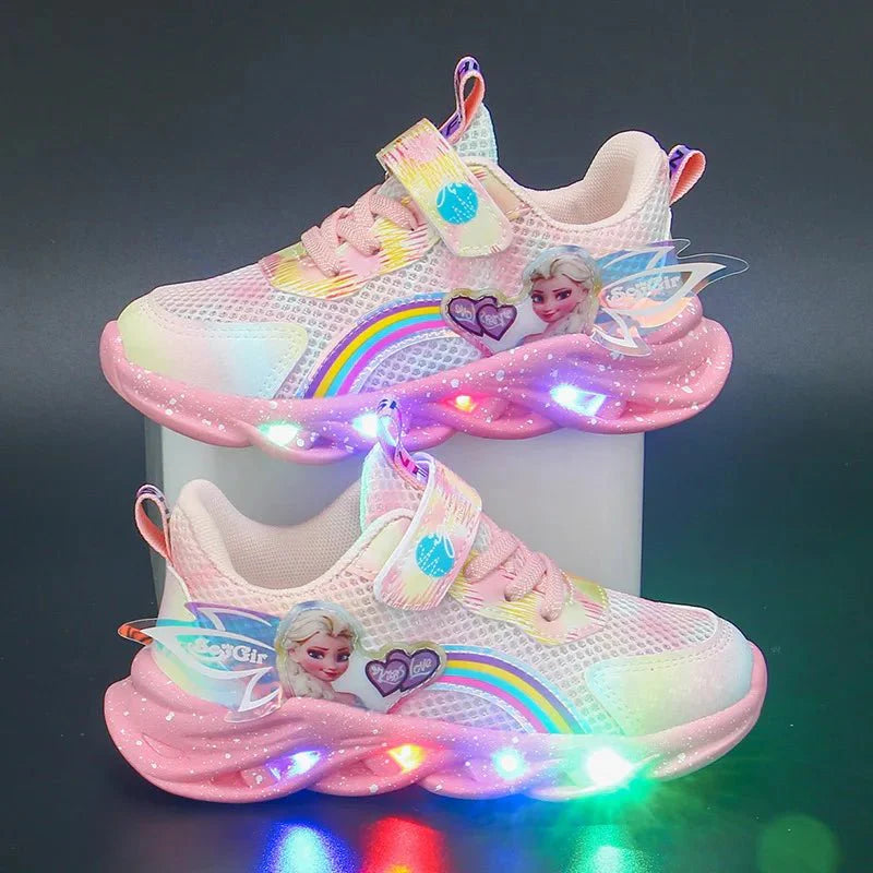 Pink mesh Disney Girls' Elsa LED lighted sneakers with breathable material and princess design, size 22-37, by SHOWLU FASHION STORE.