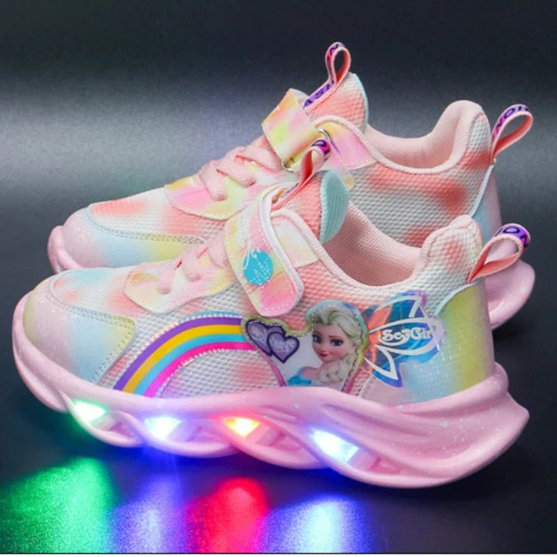 Disney Girls' Elsa LED Lighted Sneakers with pink mesh, breathable sports shoes, featuring Elsa design and LED lights for kids.