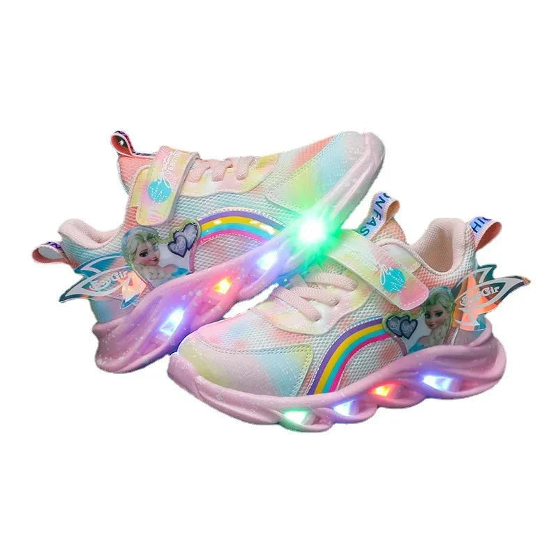 Pink Disney Girls' Elsa LED lighted sneakers with breathable mesh, perfect for kids' casual and sports wear.