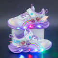 Pink Disney Elsa LED lighted sneakers for girls with breathable mesh and sporty design, featuring princess Elsa from Disney.